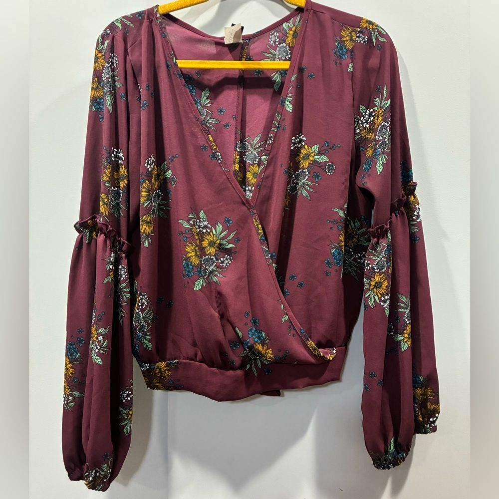 Windsor Wine Floral Wrap Blouse | Long Sleeve Tie Back | XL